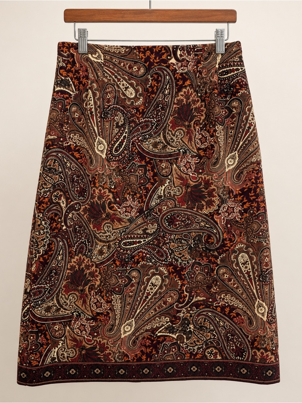 Vintage JM Collection Petite Paisley Straight Midi Skirt 12 Brown Stretch